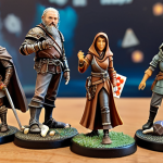 **

A diverse group of board game characters (miniatures, standees, or illustrations) arranged dynamically.  Include a knight, a wizard, a sneaky rogue, and a modern survivor character.  The background is a blurred mix of various board game components (dice, cards, boards). Focus: Show the range of characters from classic archetypes to more complex and modern personalities.  Mood:  Intriguing and inviting.

**