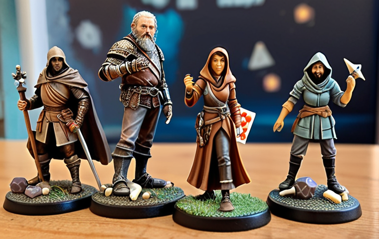 **

A diverse group of board game characters (miniatures, standees, or illustrations) arranged dynamically.  Include a knight, a wizard, a sneaky rogue, and a modern survivor character.  The background is a blurred mix of various board game components (dice, cards, boards). Focus: Show the range of characters from classic archetypes to more complex and modern personalities.  Mood:  Intriguing and inviting.

**