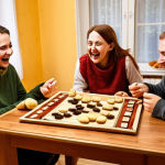 **

A group of friends laughing and playing a board game like "Osadnicy z Catanu" (Settlers of Catan) at a cozy table in a Polish home. Focus on the expressions of joy and concentration. Wooden board game elements, warm lighting. Perhaps a plate of pierogi or paczki in the background to suggest a Polish setting.

**