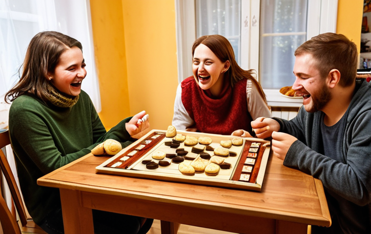 **

A group of friends laughing and playing a board game like "Osadnicy z Catanu" (Settlers of Catan) at a cozy table in a Polish home. Focus on the expressions of joy and concentration. Wooden board game elements, warm lighting. Perhaps a plate of pierogi or paczki in the background to suggest a Polish setting.

**