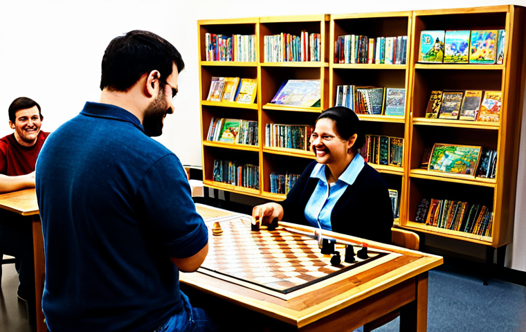 A diverse group of adults, wearing modern, comfortable, modest clothing, fully clothed, appropriate attire, professional dress, enthusiastically playing various board games at large, sturdy wooden tables in a warmly lit, inviting board game club. The background features neatly arranged shelves filled with a vast collection of games. The atmosphere is friendly, vibrant, and social. safe for work, appropriate content, family-friendly, perfect anatomy, correct proportions, natural pose, well-formed hands, proper finger count, natural body proportions, professional photography, high quality, ultra-detailed, sharp focus.