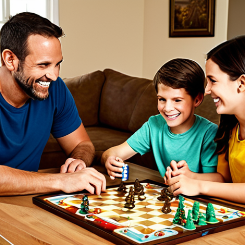 Family Game Night**

"A warm, inviting living room scene. A family (parents and two children) are gathered around a table, playing a board game with fantasy elements. The game board is colorful and detailed. The family is smiling and engaged, wearing comfortable, modest clothing. Soft, natural lighting. Safe for work, appropriate content, fully clothed, family-friendly, perfect anatomy, correct proportions, natural pose, professional photography, high quality."

**