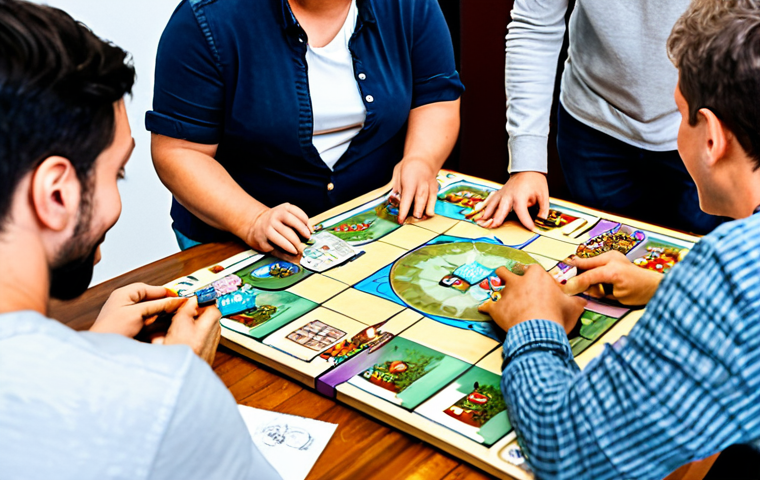 보드게임 창작 워크숍 - Game Design Brainstorming**
"A group of diverse, fully clothed individuals collaborating on a board...